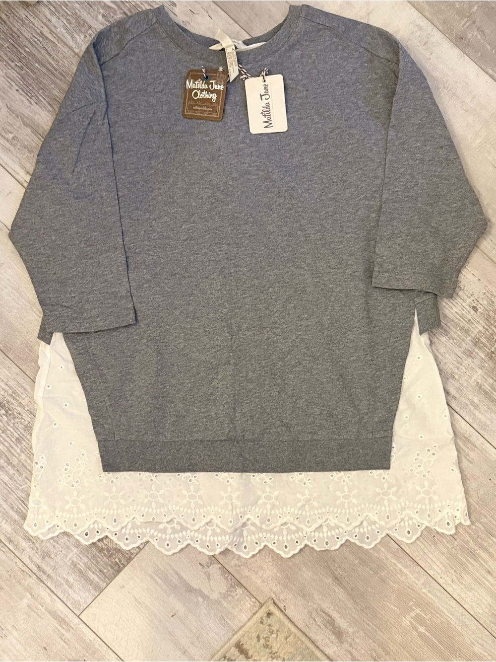 Matilda Jane Heather Gray Sweatshirt with White Eyelet Hem